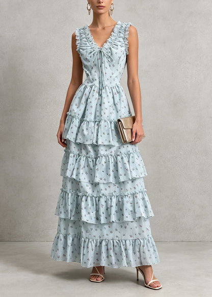 New Blue V Neck Ruffled Patchwork Cotton Maxi Dresses Summer