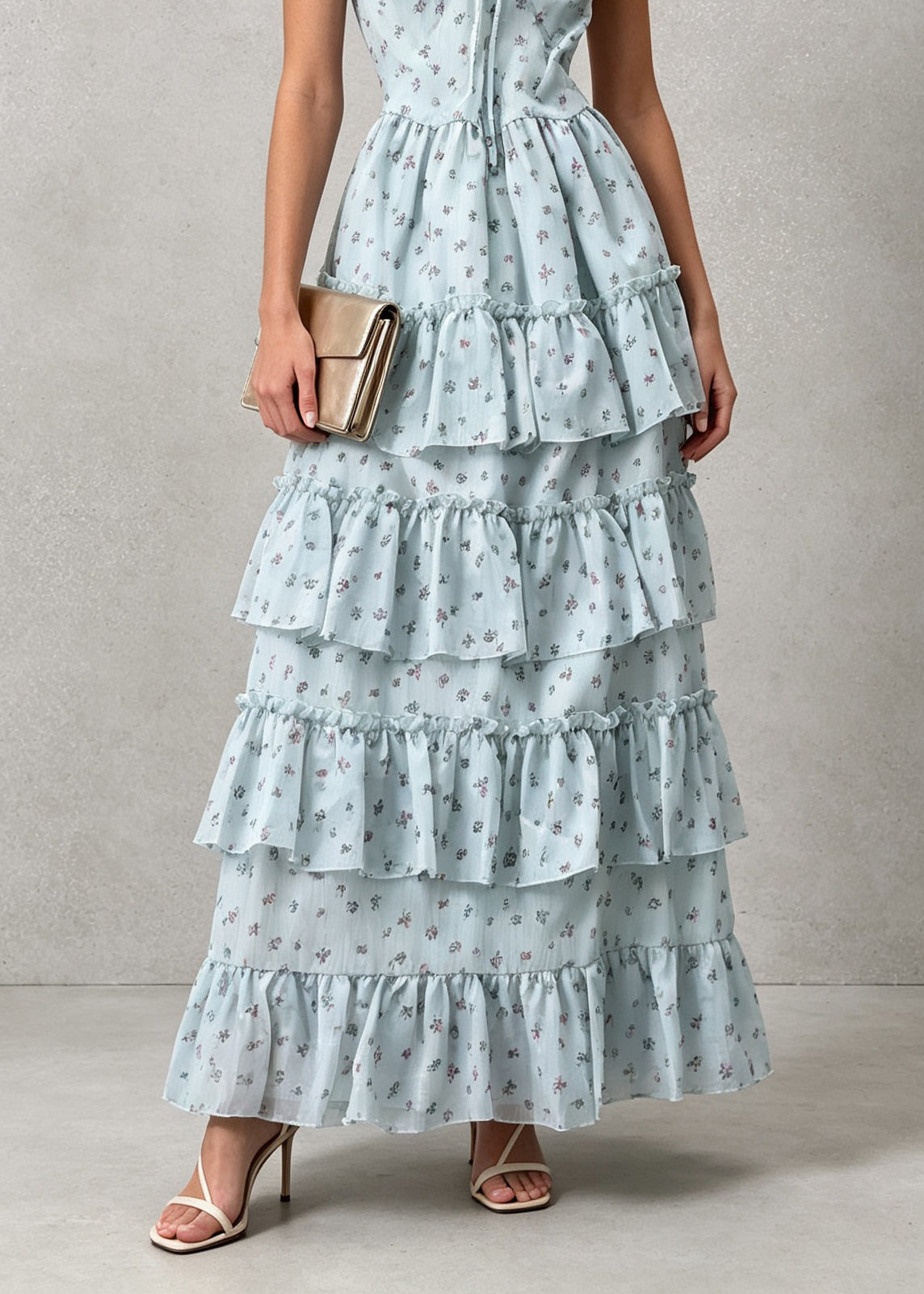 New Blue V Neck Ruffled Patchwork Cotton Maxi Dresses Summer