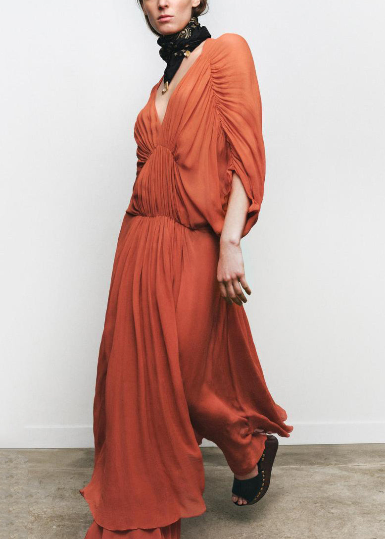 New Brick Red V Neck Wrinkled Cotton Long Dress Batwing Sleeve