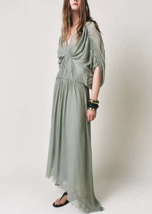 New Brick Red V Neck Wrinkled Cotton Long Dress Batwing Sleeve