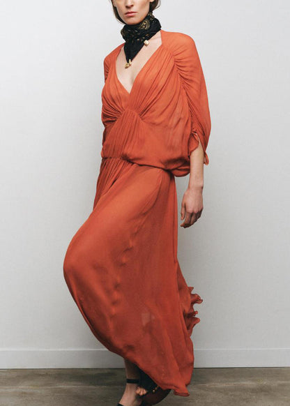 New Brick Red V Neck Wrinkled Cotton Long Dress Batwing Sleeve