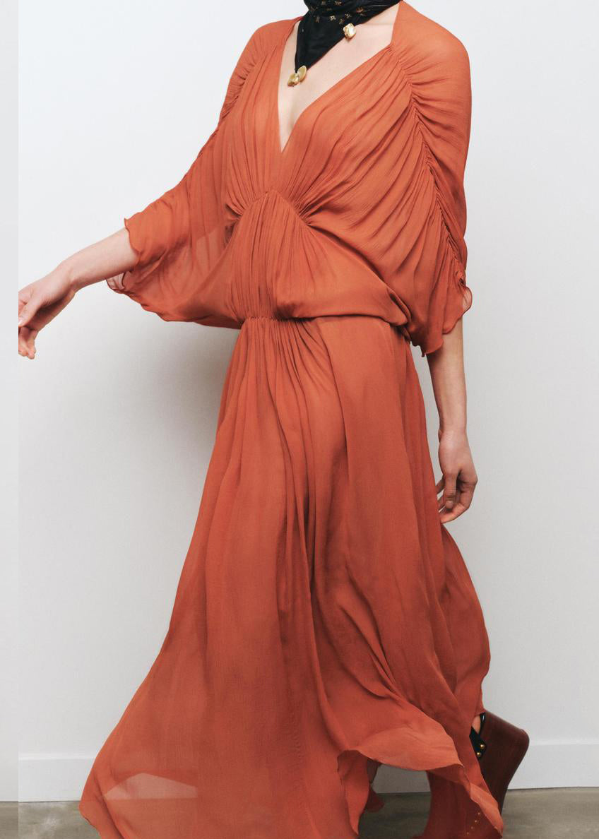 New Brick Red V Neck Wrinkled Cotton Long Dress Batwing Sleeve