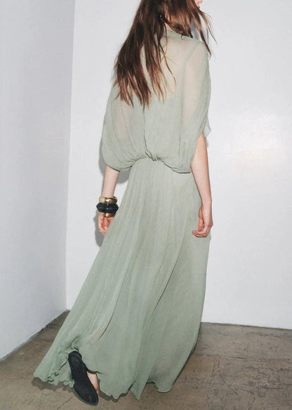 New Brick Red V Neck Wrinkled Cotton Long Dress Batwing Sleeve