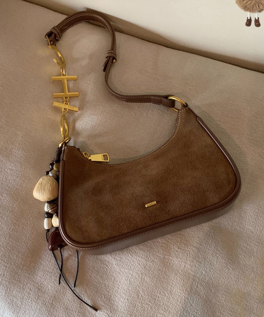 New Brown Beading Decorated Faux Suede Shoulder Bag