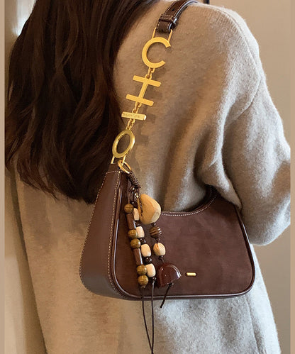 New Brown Beading Decorated Faux Suede Shoulder Bag