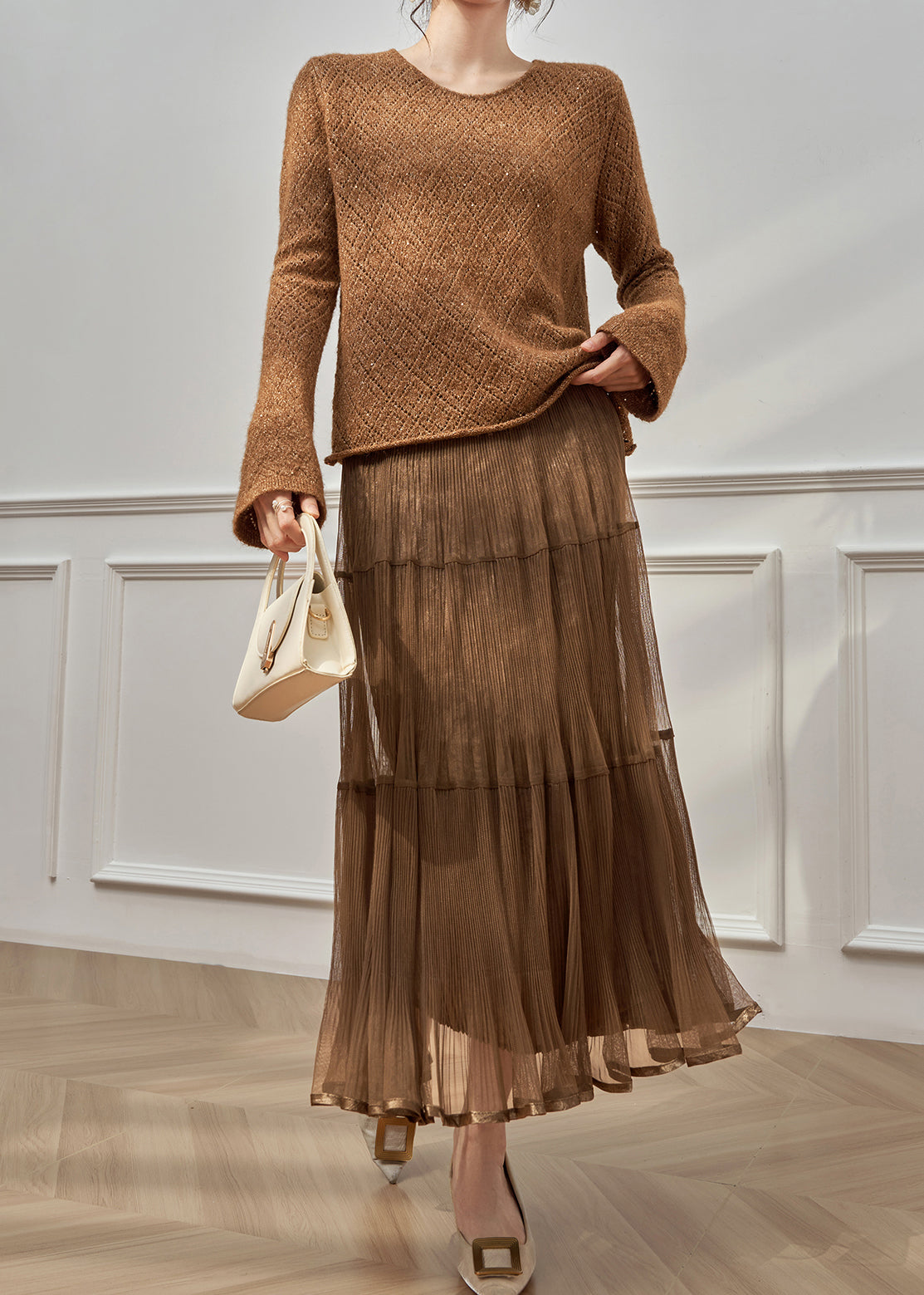 New Brown Hollow Out Knit Sweaters And Wrinkled Skirts Two Pieces Set Winter