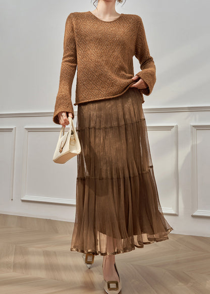 New Brown Hollow Out Knit Sweaters And Wrinkled Skirts Two Pieces Set Winter
