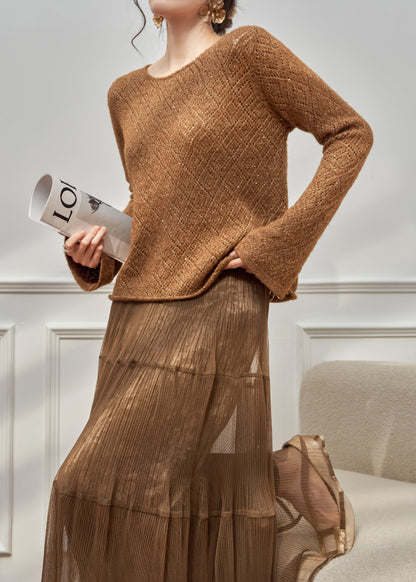 New Brown Hollow Out Knit Sweaters And Wrinkled Skirts Two Pieces Set Winter