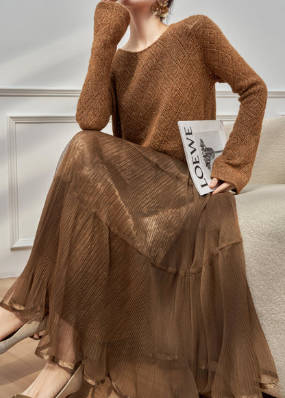 New Brown Hollow Out Knit Sweaters And Wrinkled Skirts Two Pieces Set Winter