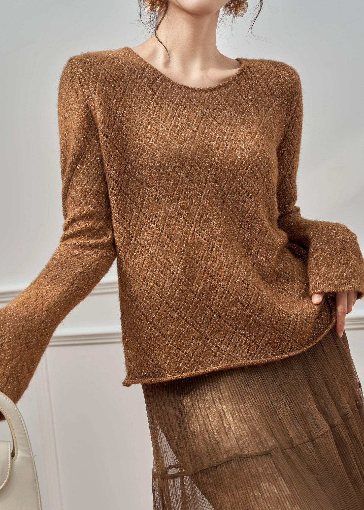 New Brown Hollow Out Knit Sweaters And Wrinkled Skirts Two Pieces Set Winter
