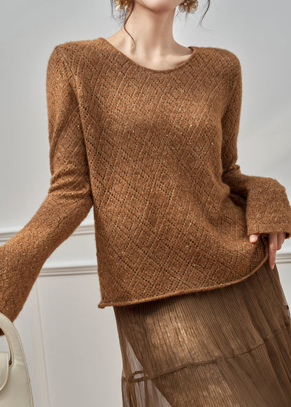 New Brown Hollow Out Knit Sweaters And Wrinkled Skirts Two Pieces Set Winter