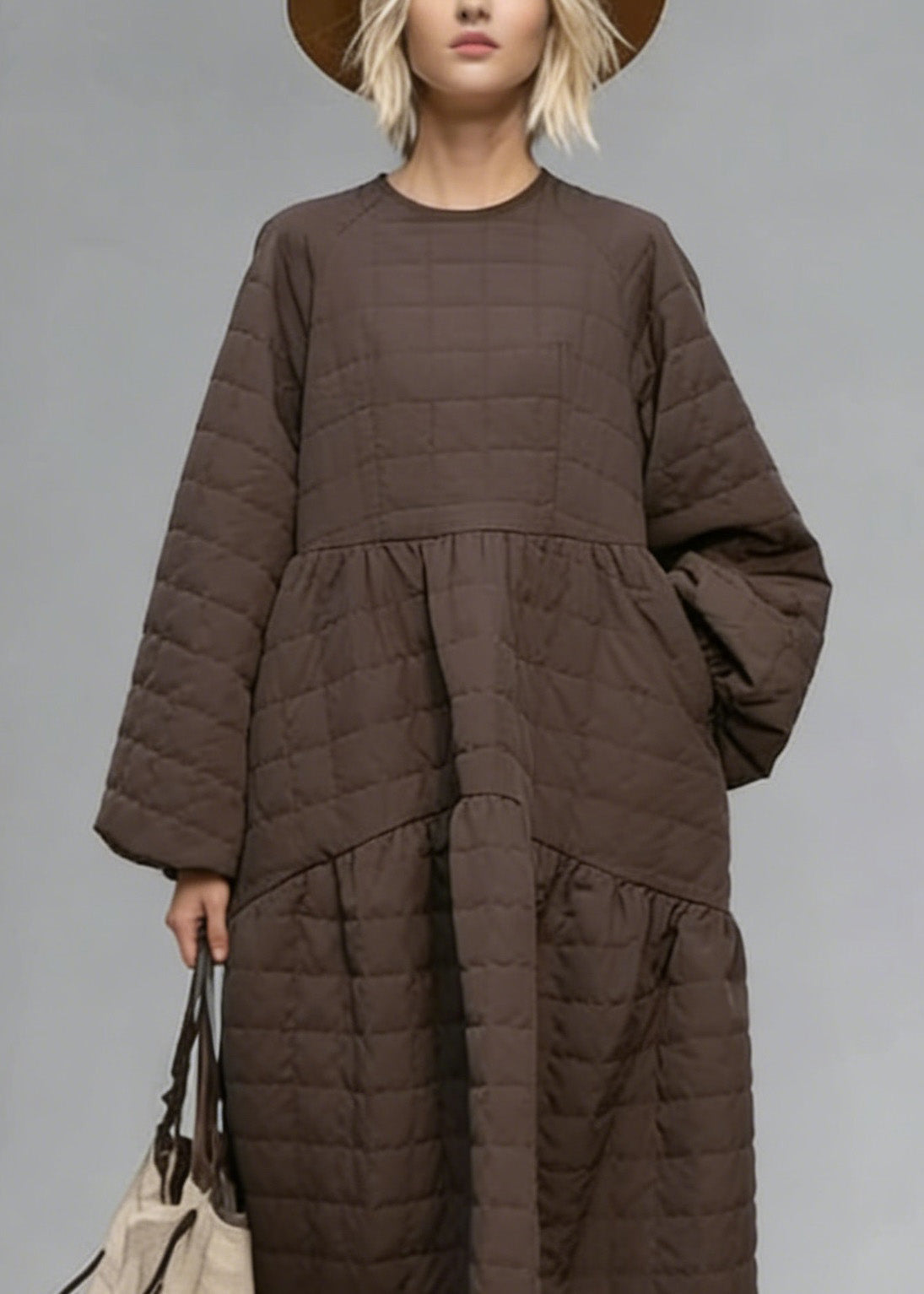 New Brown O Neck Patchwork Fine Cotton Filled Maxi Dress Winter