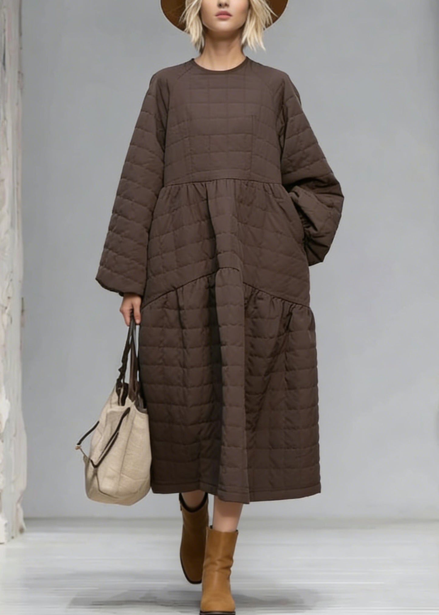 New Brown O Neck Patchwork Fine Cotton Filled Maxi Dress Winter