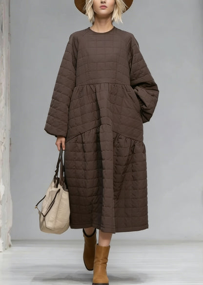New Brown O Neck Patchwork Fine Cotton Filled Maxi Dress Winter
