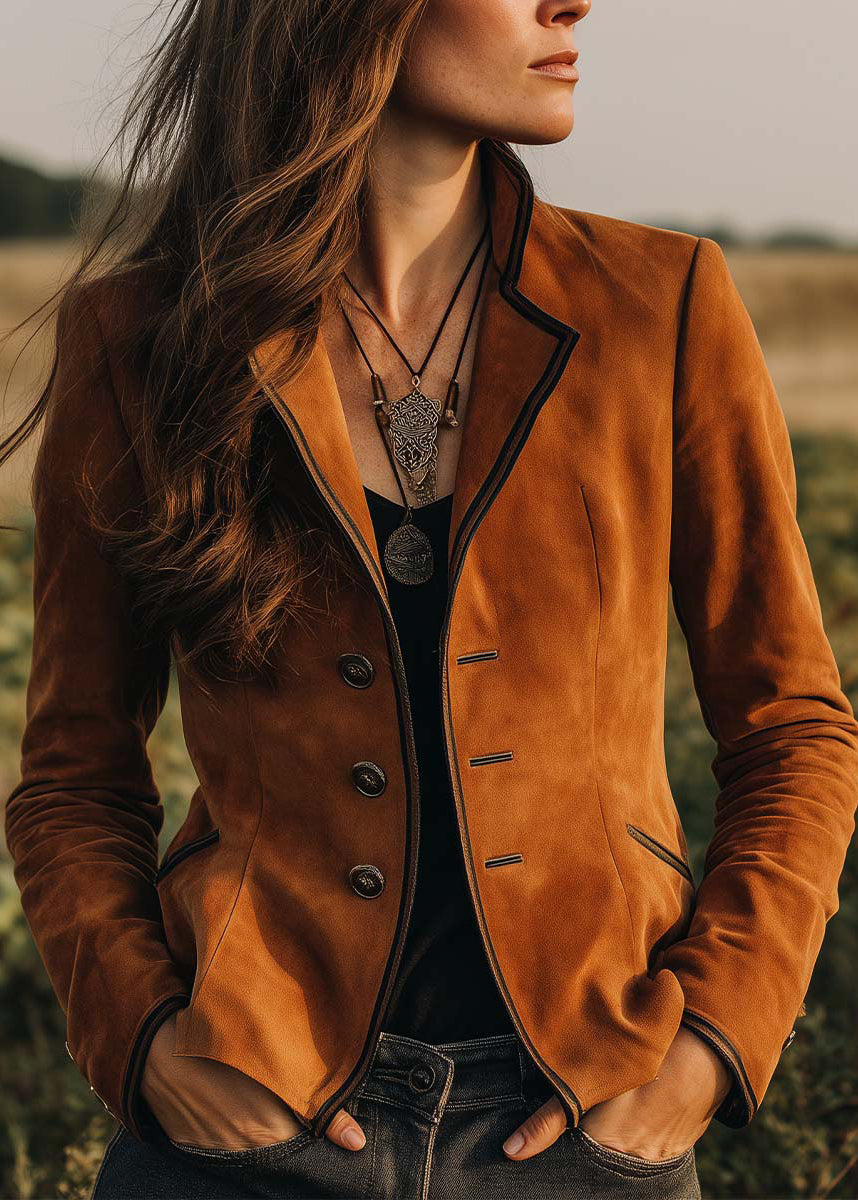 New Brown Peter Pan Collar Button Patchwork Coats Fall