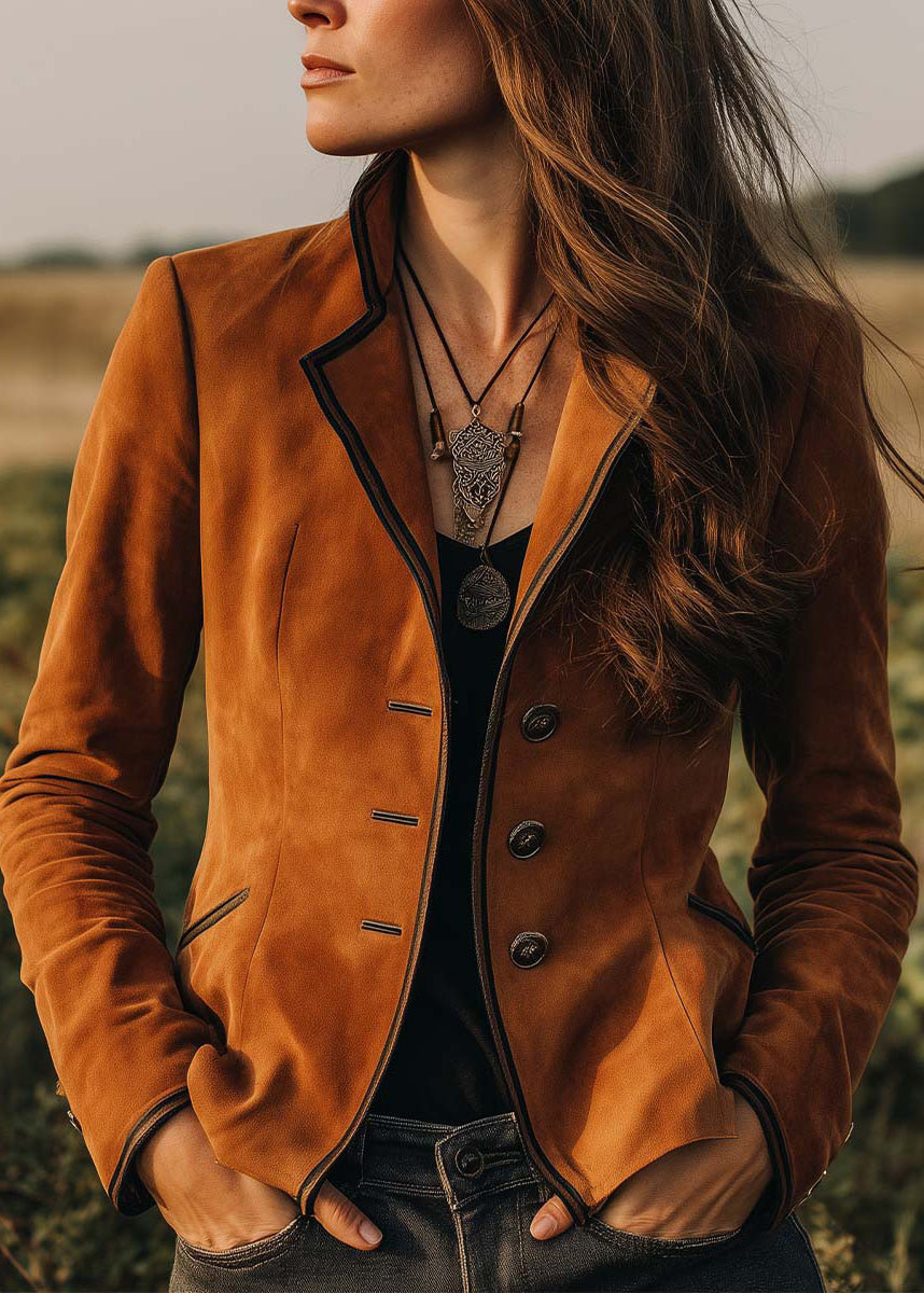 New Brown Peter Pan Collar Button Patchwork Coats Fall