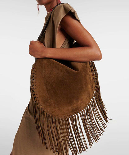New Brown Tassel Large Capacity Faux Suede Shoulder Bag