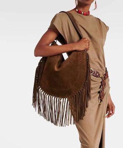 New Brown Tassel Large Capacity Faux Suede Shoulder Bag