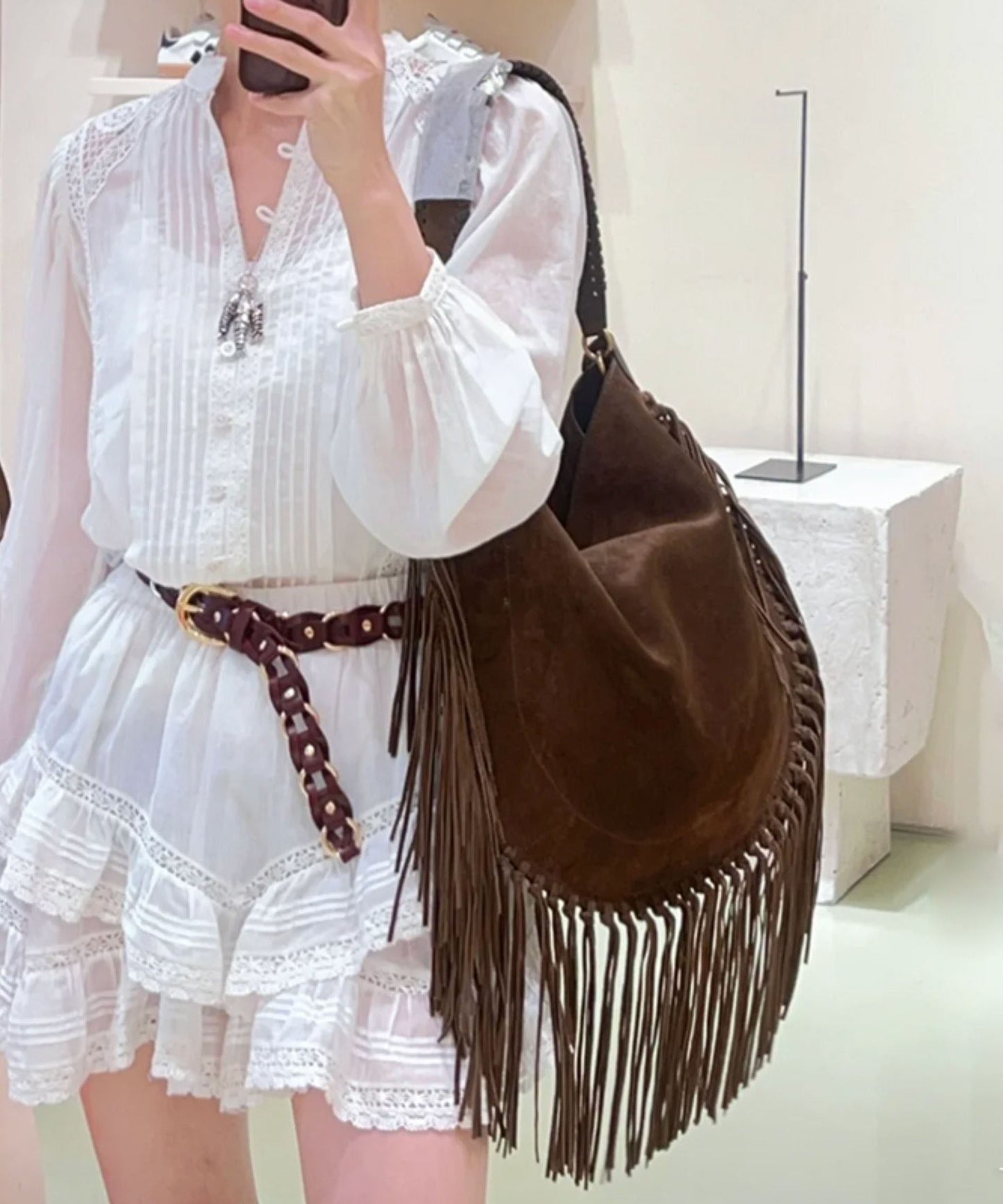 New Brown Tassel Large Capacity Faux Suede Shoulder Bag