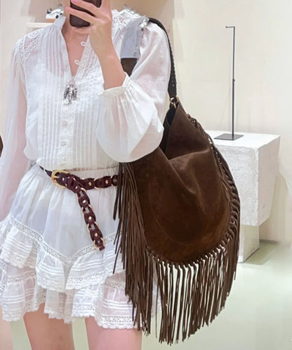 New Brown Tassel Large Capacity Faux Suede Shoulder Bag