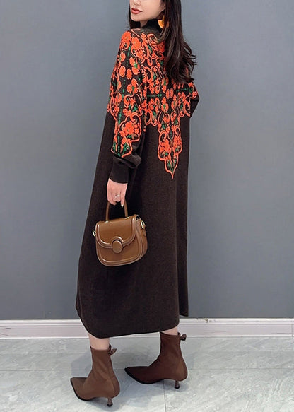New Brown Turtleneck Print Patchwork Knit Long Dress Fall