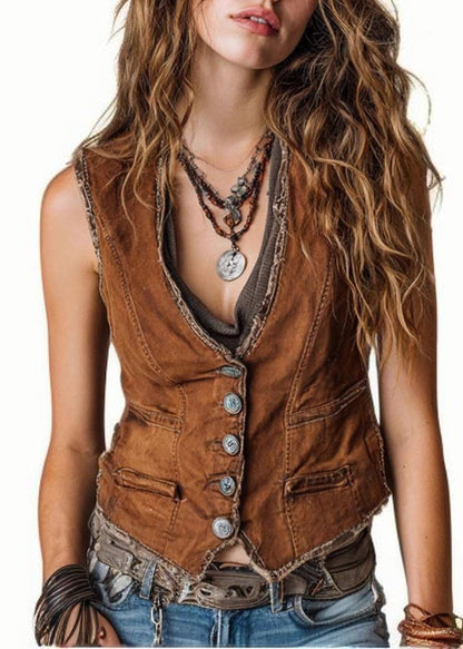 New Brown V Neck Button Patchwork Cotton Vest Sleeveless