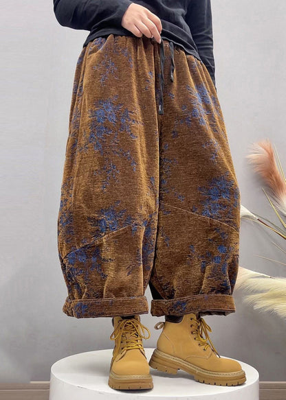 New Camel Jacquard Pockets Elastic Waist Denim Crop Pants Fall