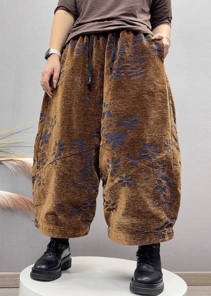 New Camel Jacquard Pockets Elastic Waist Denim Crop Pants Fall