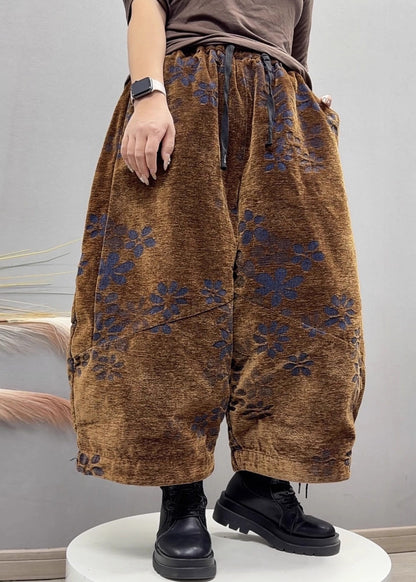 New Camel Jacquard Pockets Elastic Waist Denim Crop Pants Fall