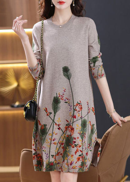 New Camel Print Side Open Cozy Knit Sweaters Dresses