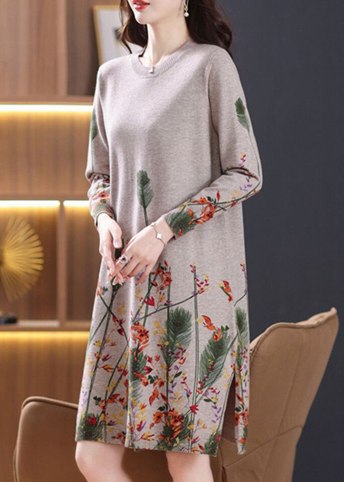 New Camel Print Side Open Cozy Knit Sweaters Dresses