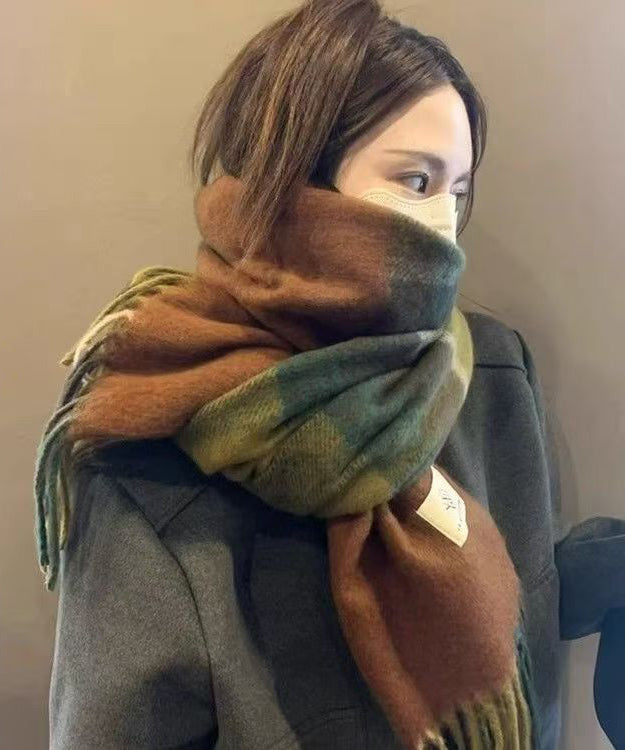 New Caramel Color Blocked Thickened Warm Cold Resistant Wool Blend Scarf