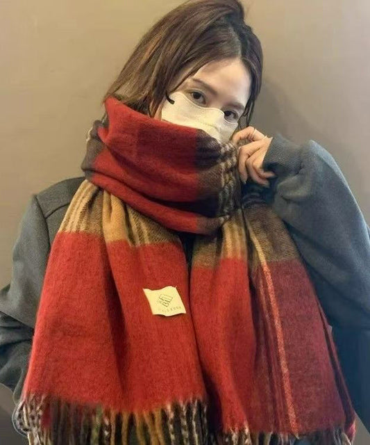 New Caramel Color Blocked Thickened Warm Cold Resistant Wool Blend Scarf