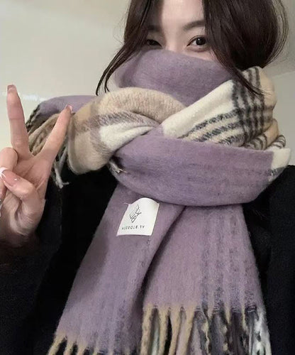 New Caramel Color Blocked Thickened Warm Cold Resistant Wool Blend Scarf