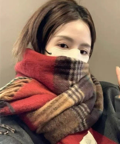New Caramel Color Blocked Thickened Warm Cold Resistant Wool Blend Scarf