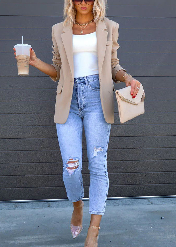 New Casual Apricot Pocket Button Suit Coat Fall