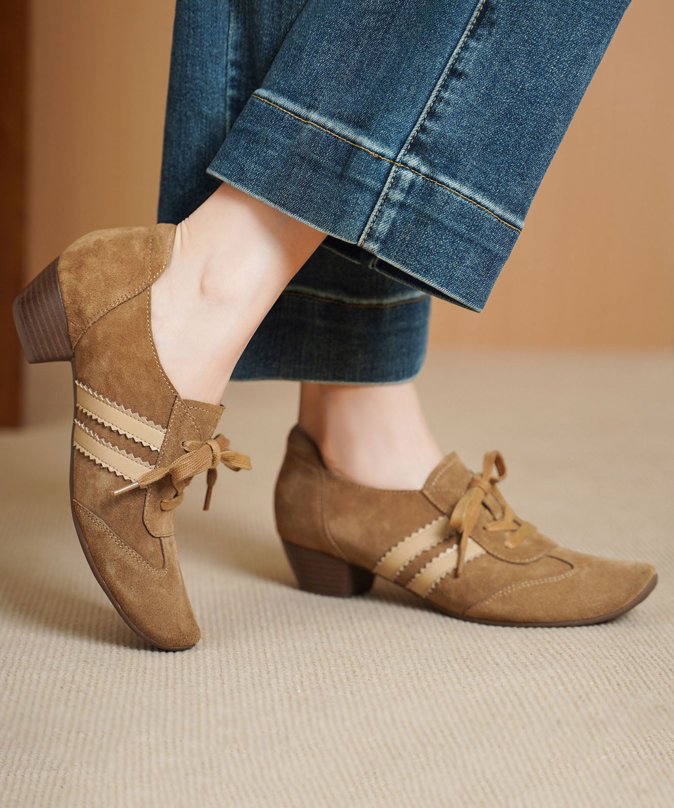 New Casual Splicing Chunky Shoes Red Suede Lace Up