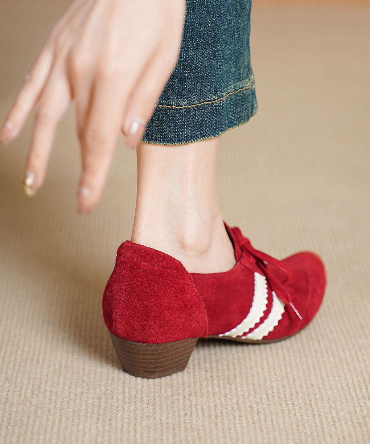 New Casual Splicing Chunky Shoes Red Suede Lace Up