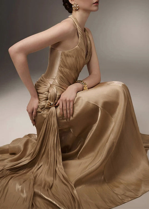 New Champagne Halter Wrinkled Patchwork Silk Ankle Dress Sleeveless