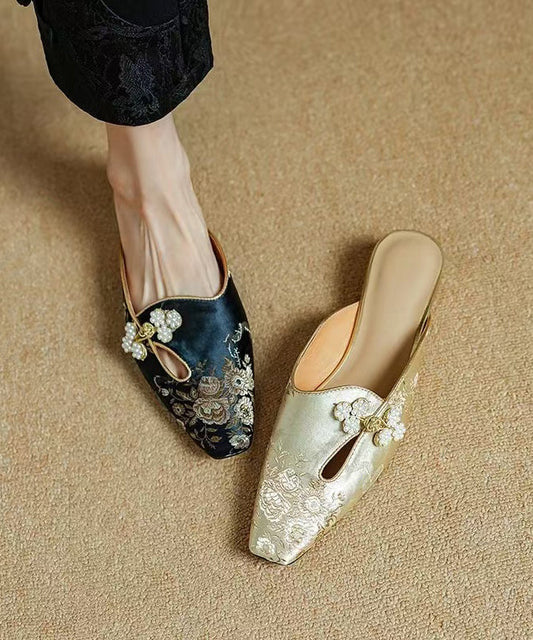 New Chinese Black Embroidered Nail Bead Satin Baotou Slippers