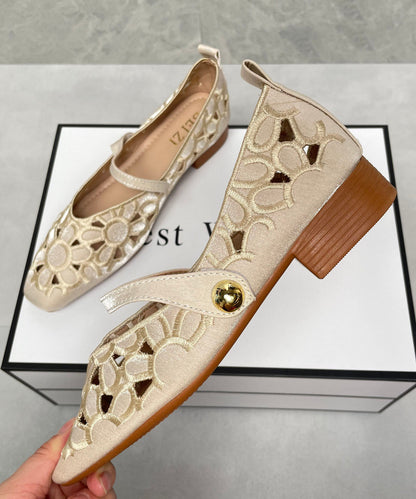 New Chinese Style Apricot Satin Embroidered Flat Shoes Buckle Strap