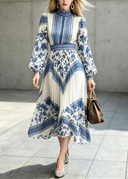 New Chinese Style Blue And White Porcelain Printed Chiffon Dress