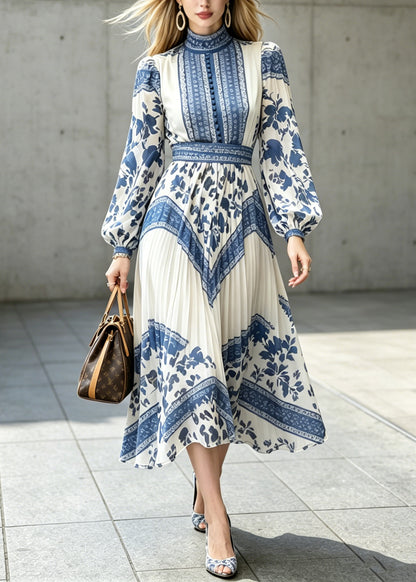 New Chinese Style Blue And White Porcelain Printed Chiffon Dress