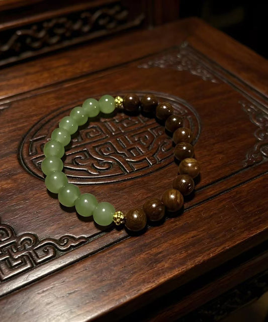 New Chinese Style Clear Water Green Jade And Wooden Bracelet