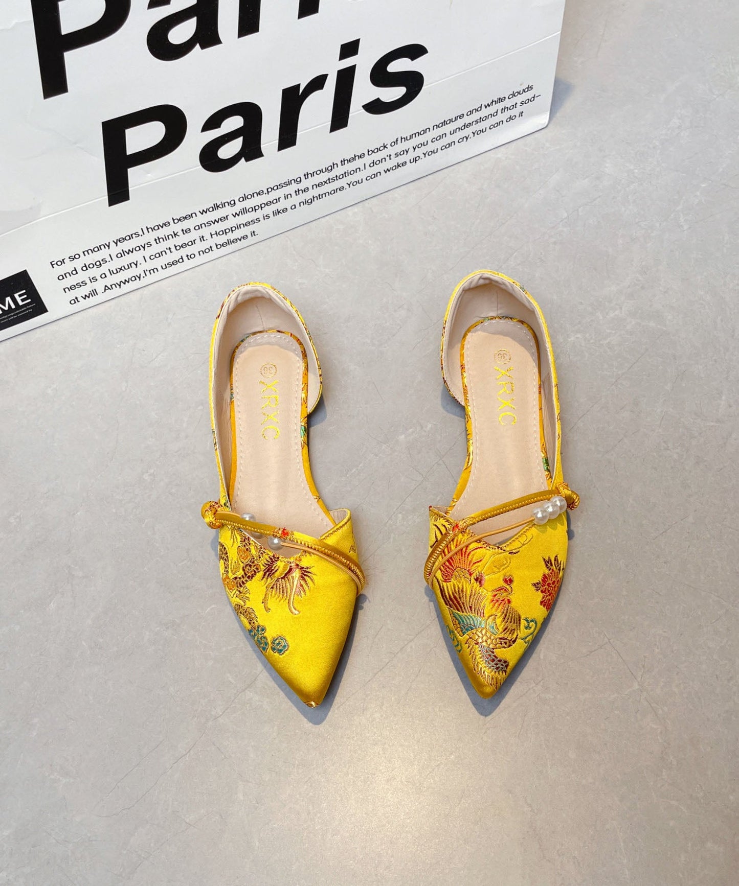 New Chinese Style Embroidered Flat Shoes Pointed Toe Satin Yellow