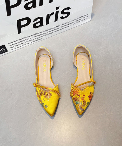 New Chinese Style Embroidered Flat Shoes Pointed Toe Satin Yellow