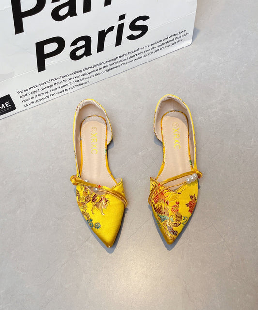 New Chinese Style Embroidered Flat Shoes Pointed Toe Satin Yellow