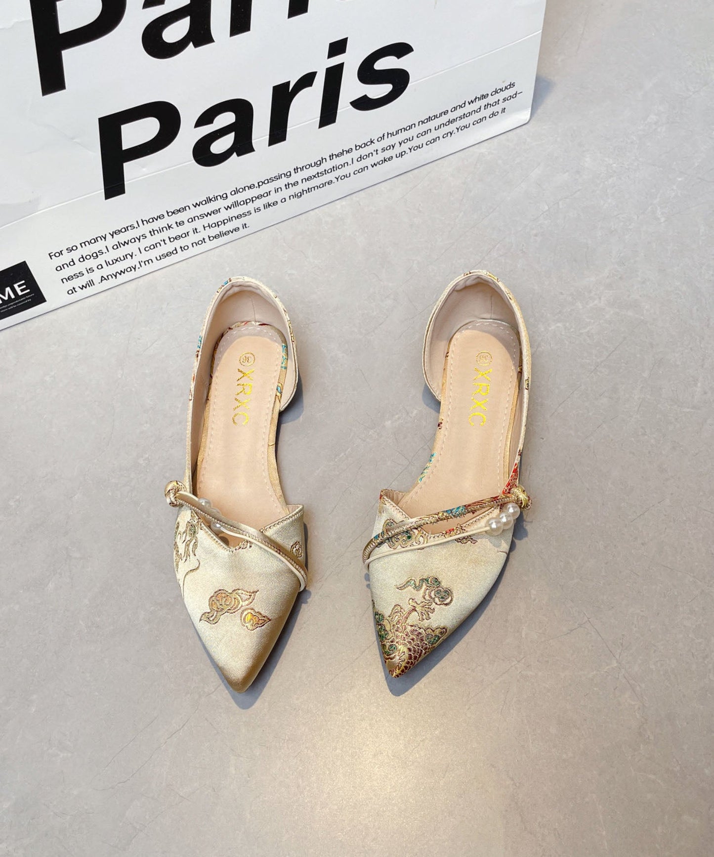 New Chinese Style Embroidered Flat Shoes Pointed Toe Satin Yellow
