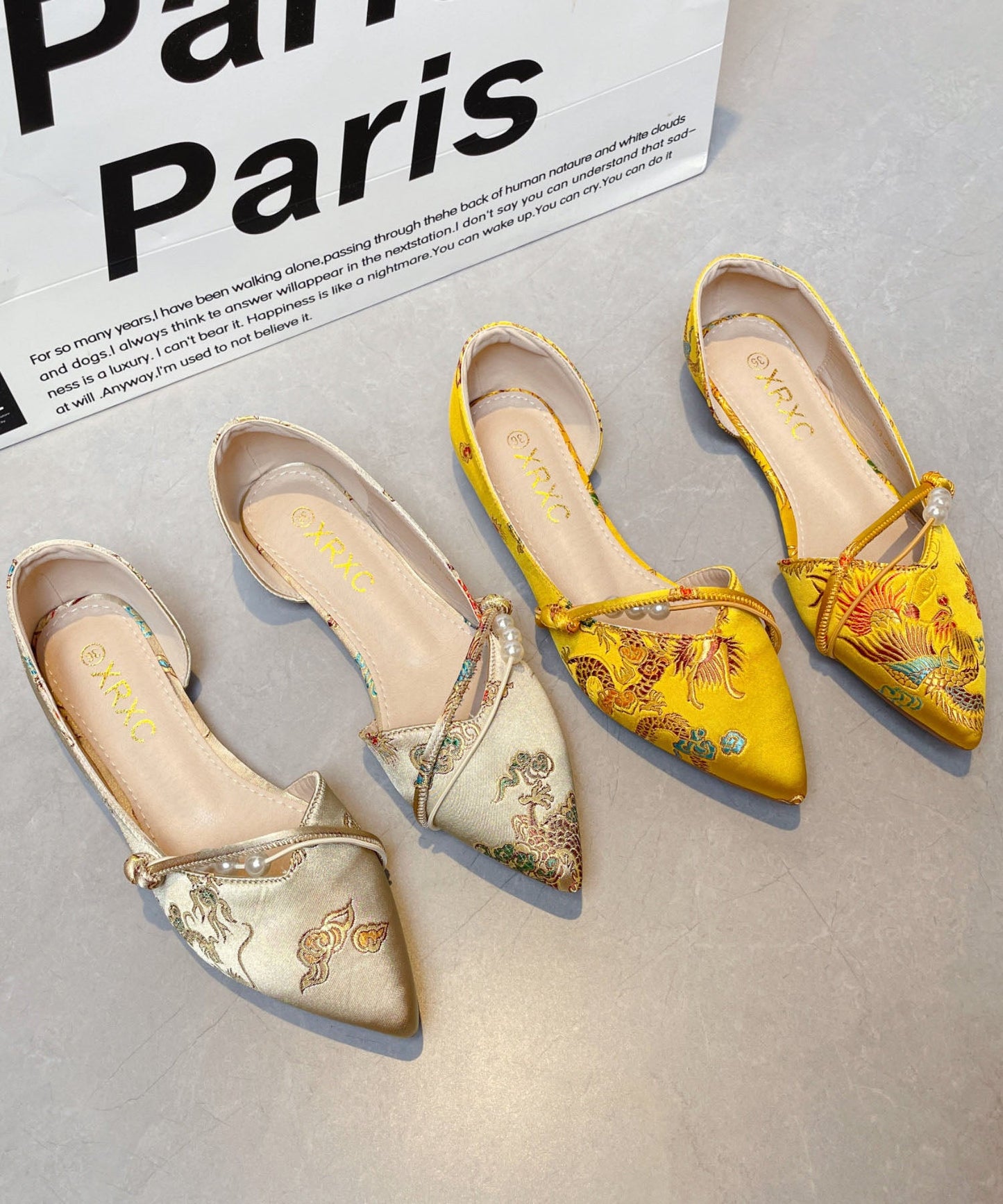 New Chinese Style Embroidered Flat Shoes Pointed Toe Satin Yellow