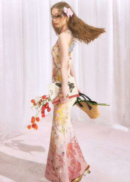 New Chinese Style Gradient Print Sleeveless Tulle Cheongsam Dress Set